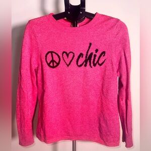 Chico's Vibrant Pink Long Sleeve sweater with Black Peace and Heart Motif